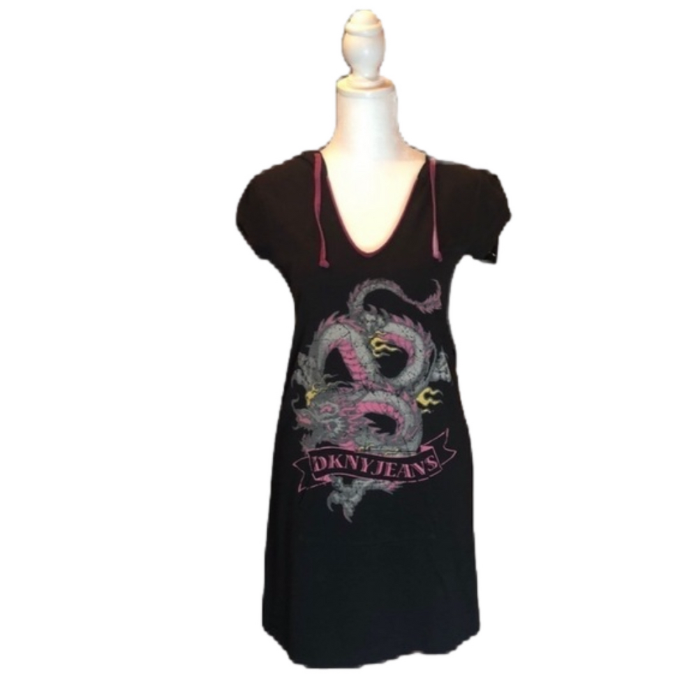 DKNY JEANS Black Hooded Sweatshirt Dragon Dress XS